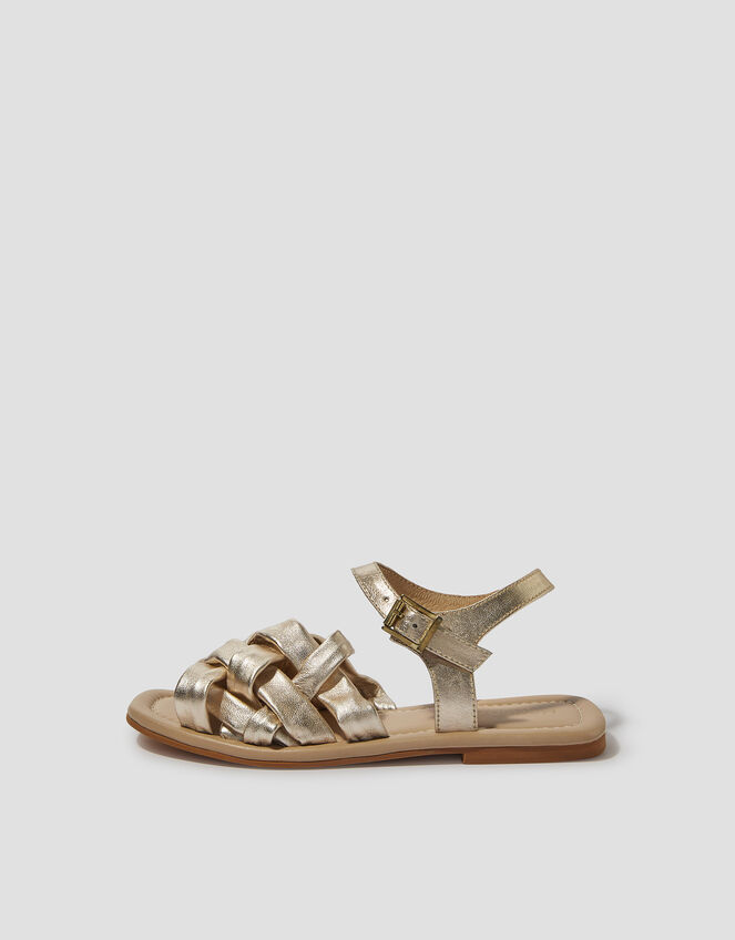 Pip Woven Leather Sandals, Gold (GOLD), large