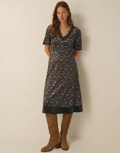Carly V-Neck Floral Print Velvet Midi Dress, Brown (BROWN), large