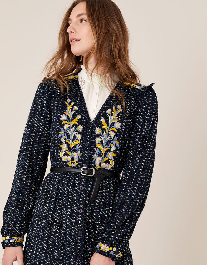 Ginny Geo Print Embroidered Midi Dress, Blue (NAVY), large