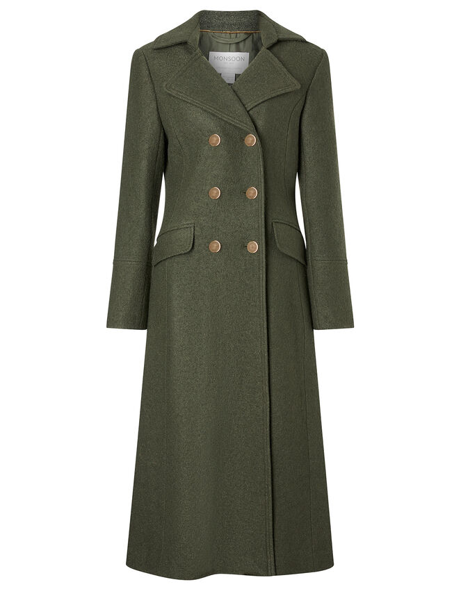 Long Military Coat in Wool Blend, Green (KHAKI), large