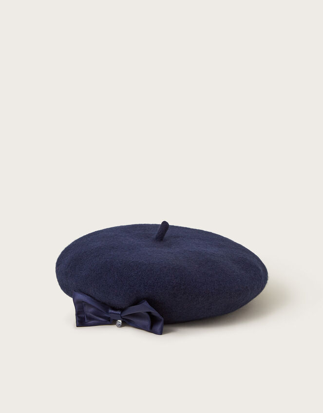 Diamante Bow Wool Beret, Blue (NAVY), large