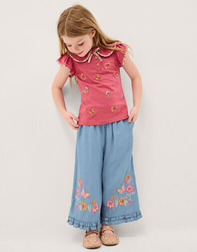 Floral Embroidered Wide Leg Pants, Blue (BLUE), large