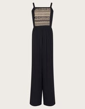 Strappy Embroidered Jumpsuit, Black (BLACK), large