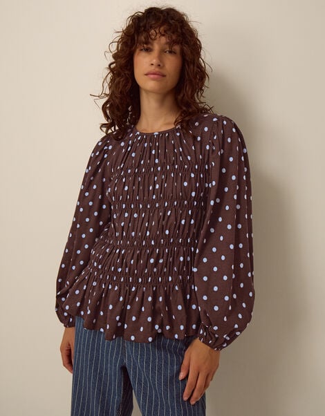 Shae Smocked Polka Dot Jersey Top, Brown (CHOCOLATE), large