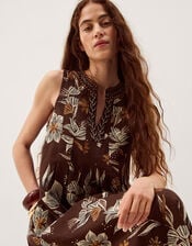 Esther Floral Linen Blend Midi Dress, Brown (CHOCOLATE), large