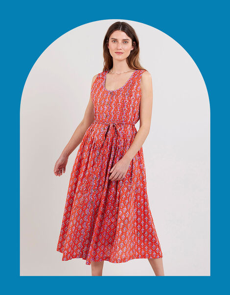East Skye Pintuck Midi Dress in Organic Cotton, Red (RED), large