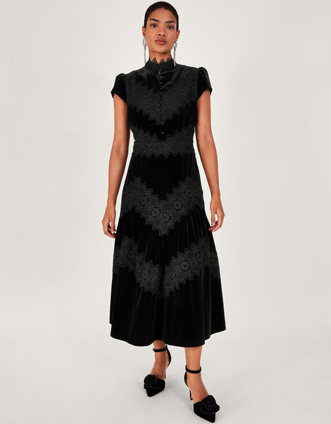 Valentina Velvet Lace Dress, Black (BLACK), large