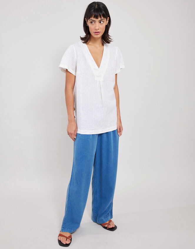 East Zahra Pinstripe Linen-Blend Top, Natural (NATURAL), large