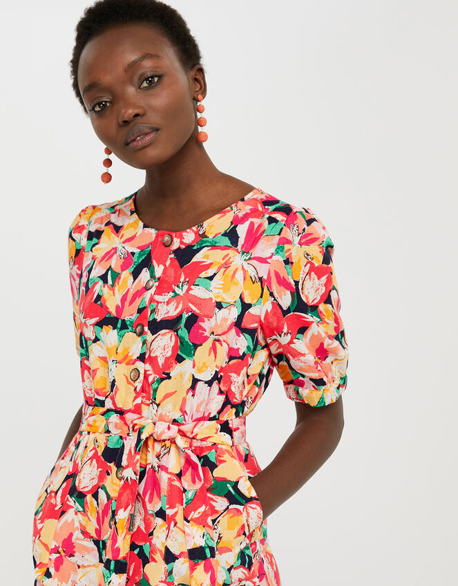 Verna Floral Midi Dress in Linen and Organic Cotton, Blue (NAVY), large