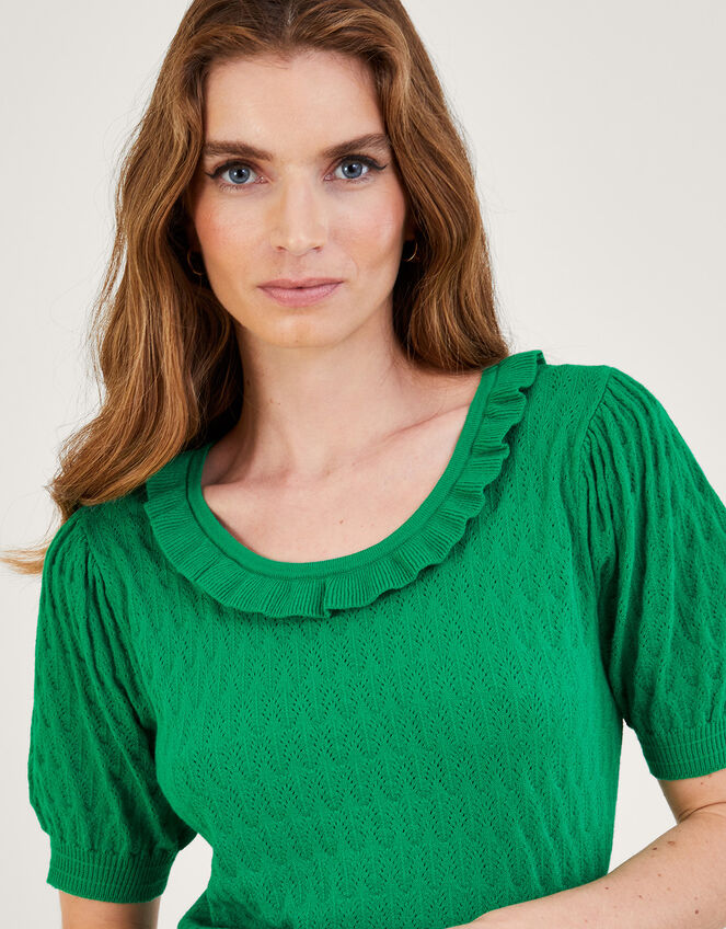 Short Sleeve Ruffle Neck Sweater , Green (GREEN), large