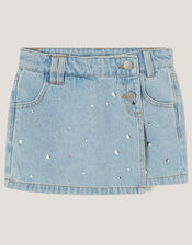 Jewel Embellished Denim Skort, Blue (BLUE), large