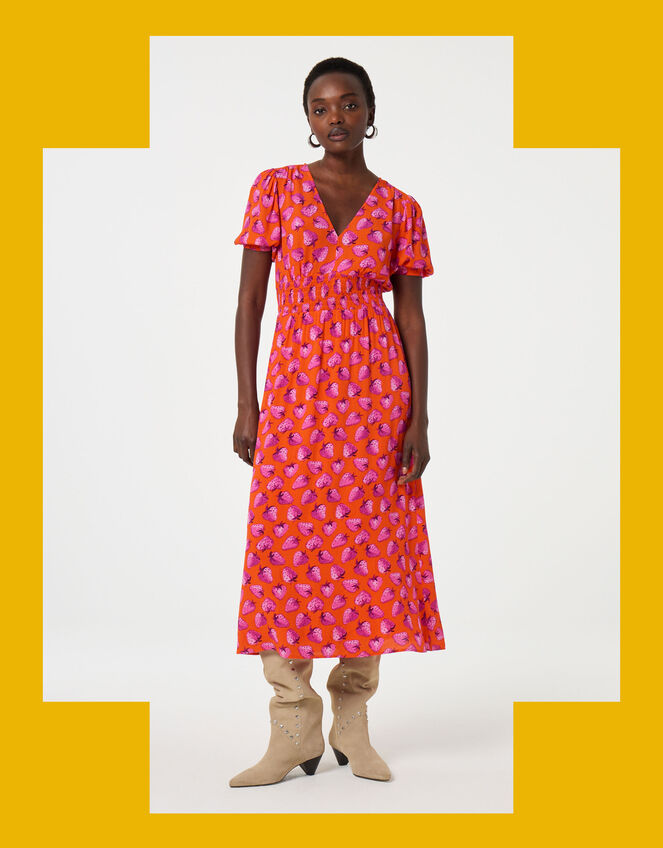 Fabienne Chapot Bonna Strawberry Print Midi Dress, Orange (ORANGE), large