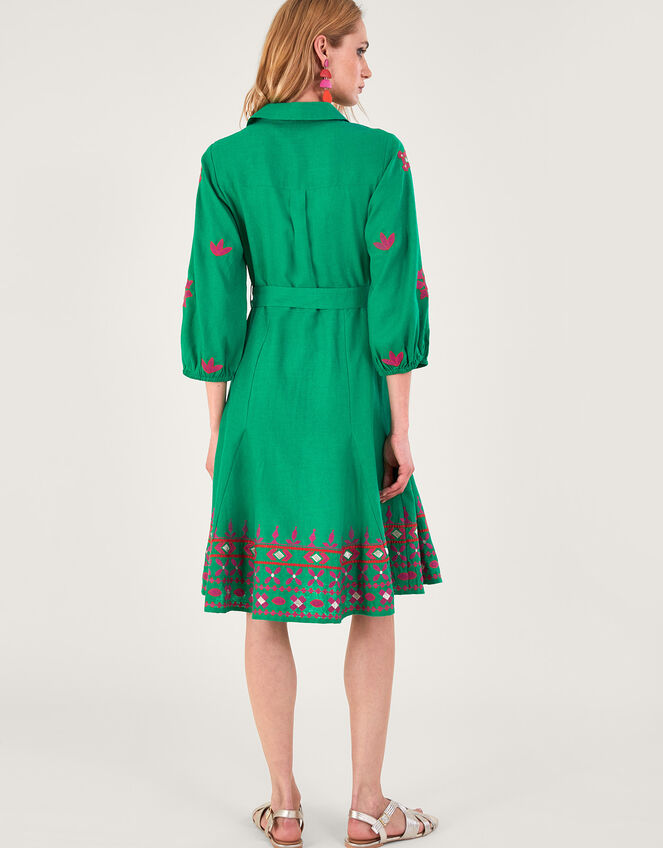 Embroidered Shirt Dress in Linen Blend, Green (GREEN), large