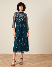 Cleo Paisley Print Embroidered Midi Dress, Teal (TEAL), large