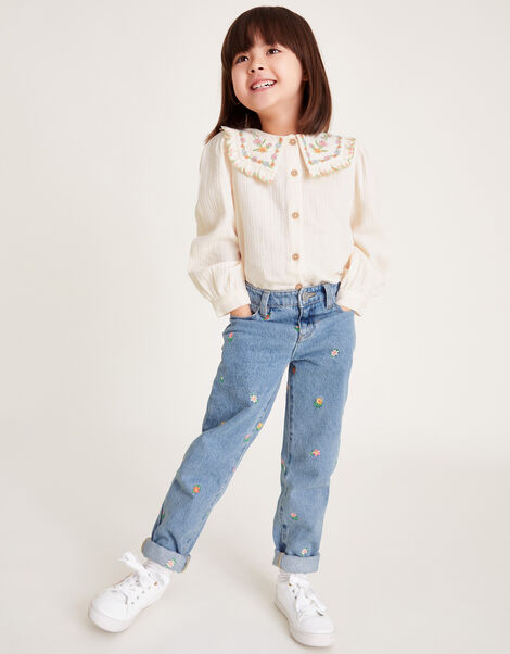 Floral Embroidered Straight Jeans, Blue (BLUE), large