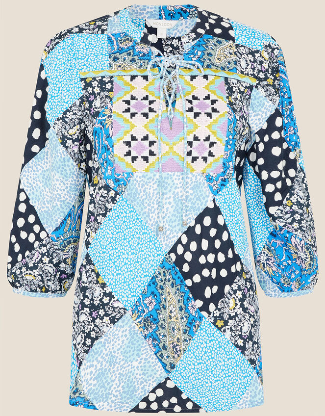 Patchwork Print Top, Blue (BLUE), large