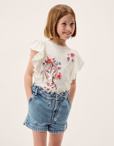 Daisy Embroidered Denim Shorts, Blue (BLUE), large