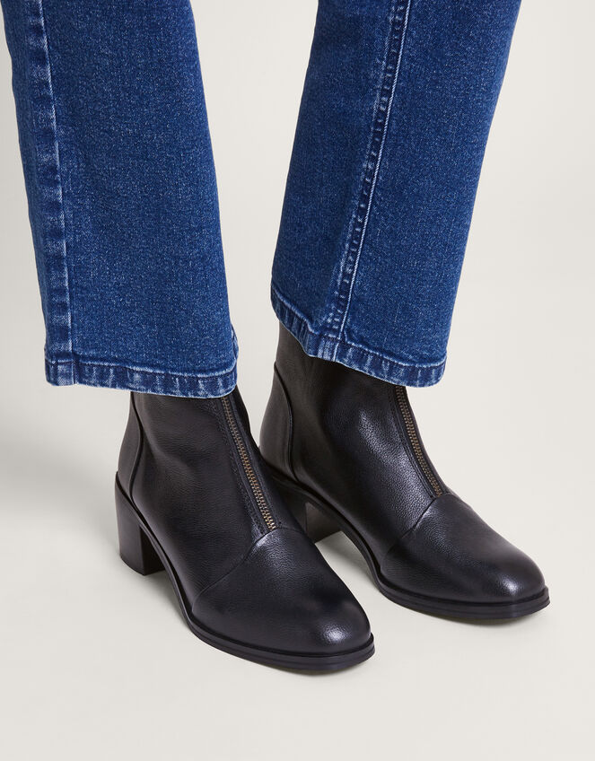 Zip Front Chunky Leather Boots, Black (BLACK), large