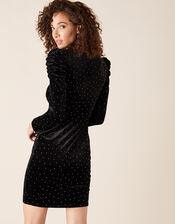 Khloe Heat-Seal Gem Stretch Velvet Dress, Black (BLACK), large