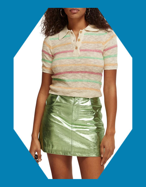 Scotch and Soda Stripe Collared Short Sleeve Pullover, Natural (NATURAL), large