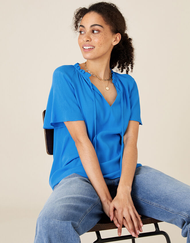 Tie Neck Short Sleeve Blouse, Blue (BLUE), large