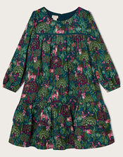 Woodland Deer Scene Long Sleeve Dress, Green (GREEN), large