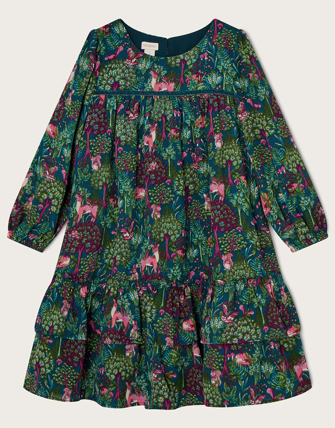 Woodland Deer Scene Long Sleeve Dress, Green (GREEN), large