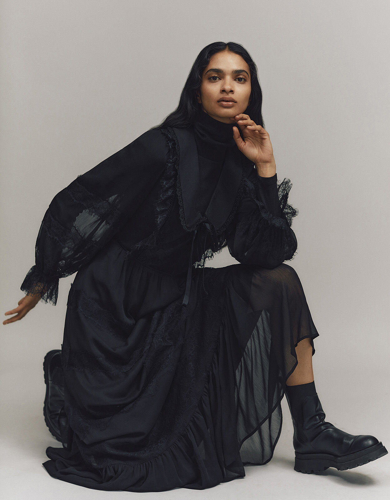 Lace Trim Collared Maxi Dress Black