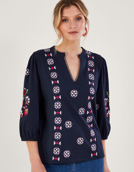 Embroidered Jersey Top, Blue (NAVY), large