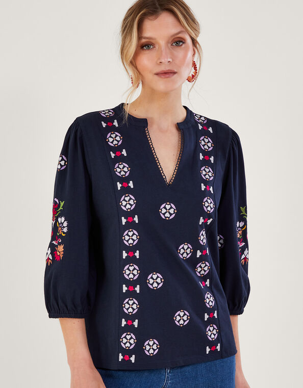 Embroidered Jersey Top, Blue (NAVY), large