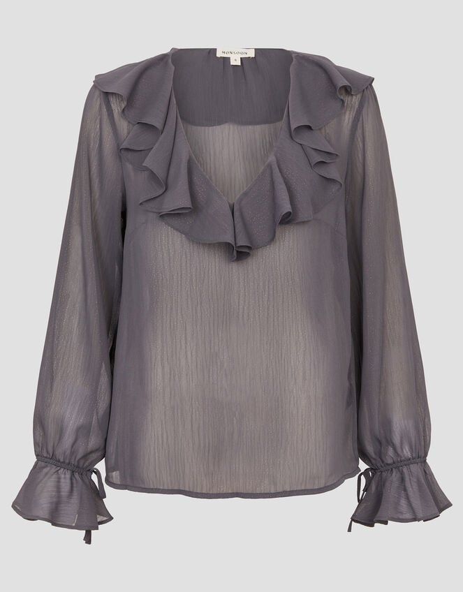 Emmy Sheer Sparkle Frill Blouse, Grey (CHARCOAL), large