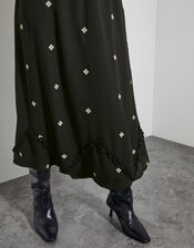 Delilah Sheer Sleeve Embroidered Midi Dress, Black (BLACK), large