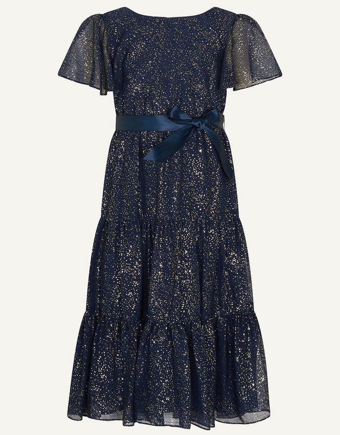 Foil Tiered Maxi Dress in Recycled Polyester, Blue (NAVY), large