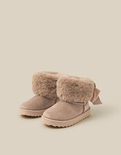 Velvet Bow Fluffy Ankle Boots, Brown (TAUPE), large