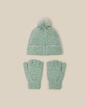 Pearl Flower Bobble Hat & Gloves Set, Green (GREEN), large