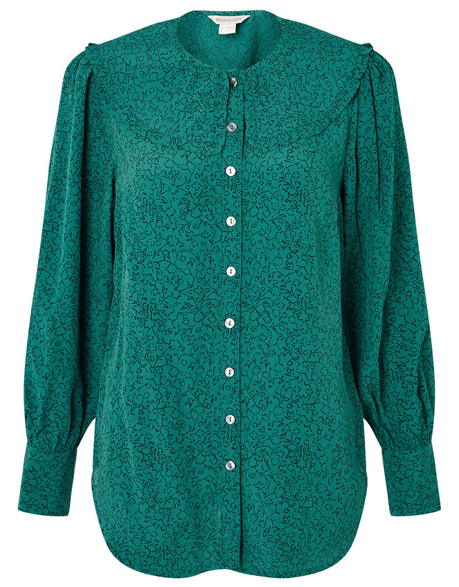 Printed Wide Collar Blouse, Green (GREEN), large