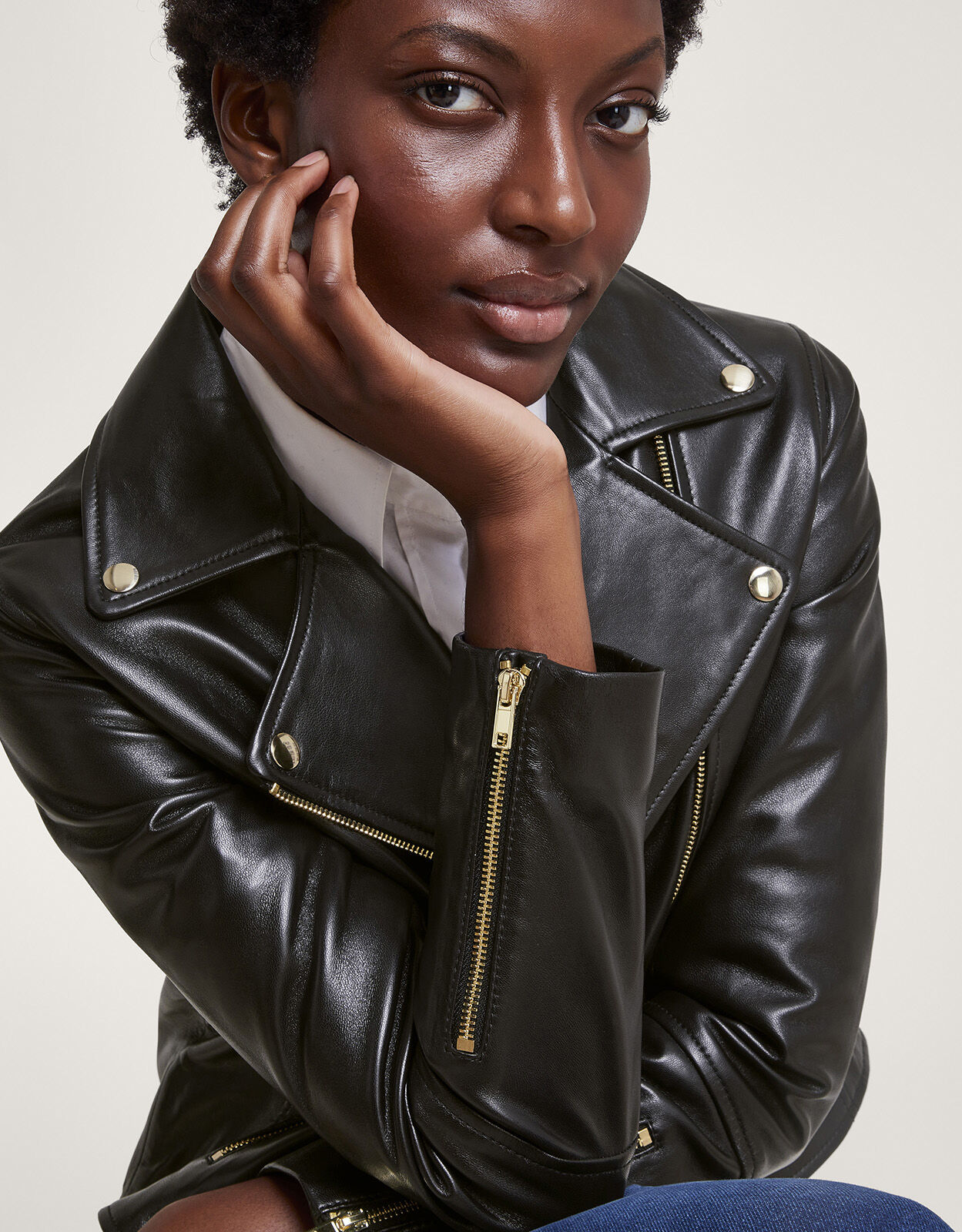 Leather jacket with gold detail hotsell