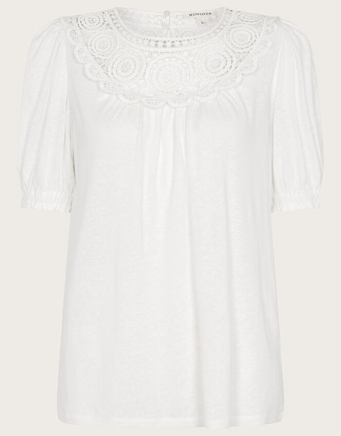 Crochet Frill Sleeve Top in Linen Blend, Ivory (IVORY), large