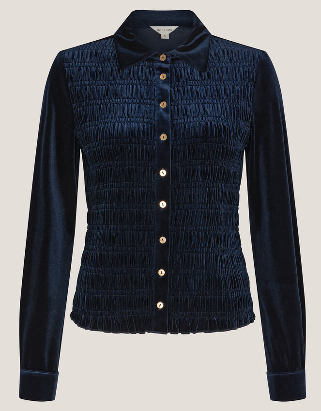 Sam Smocked Velvet Shirt, Blue (MIDNIGHT), large