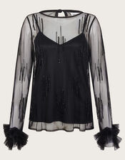 Carmen Sheer Sequin Corsage Top, Black (BLACK), large
