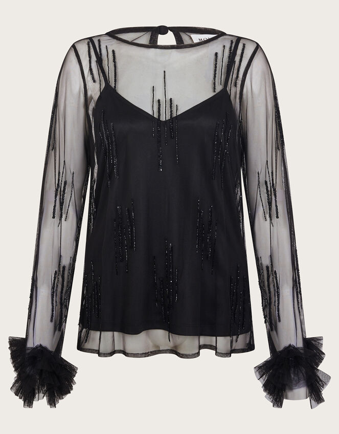 Carmen Sheer Sequin Corsage Top, Black (BLACK), large