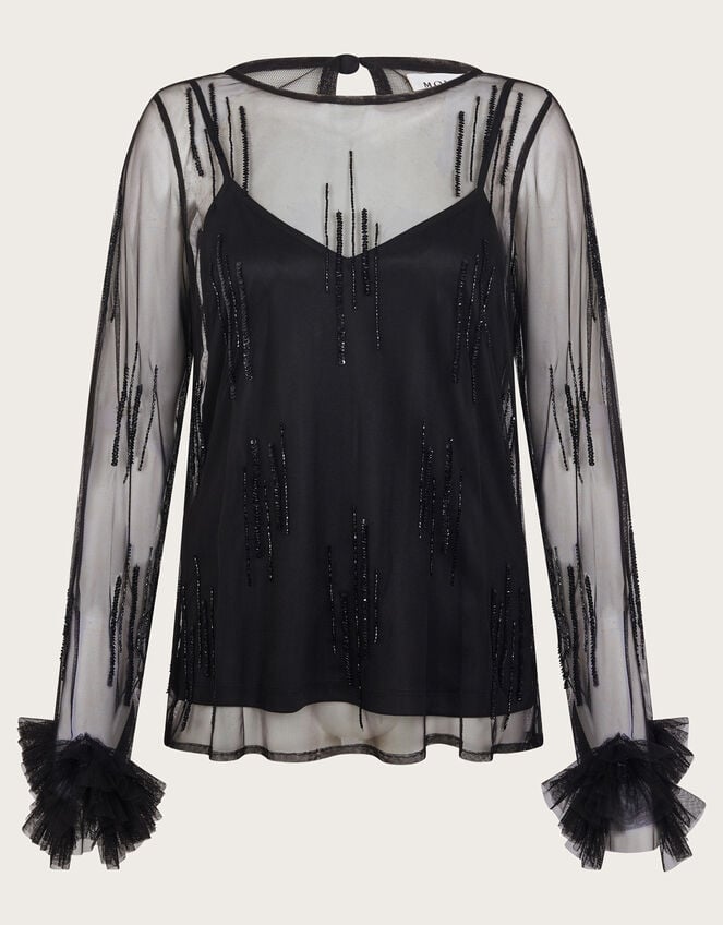 Carmen Sheer Sequin Corsage Top, Black (BLACK), large