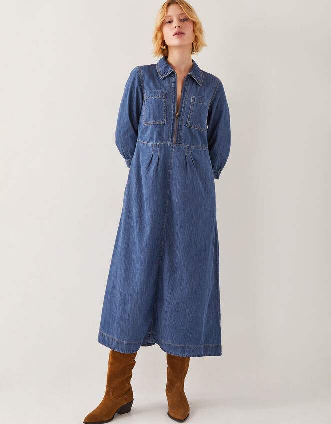 Bonnie Zip Denim Shirt Dress, Blue (MID AUTHENTIC BLUE), large
