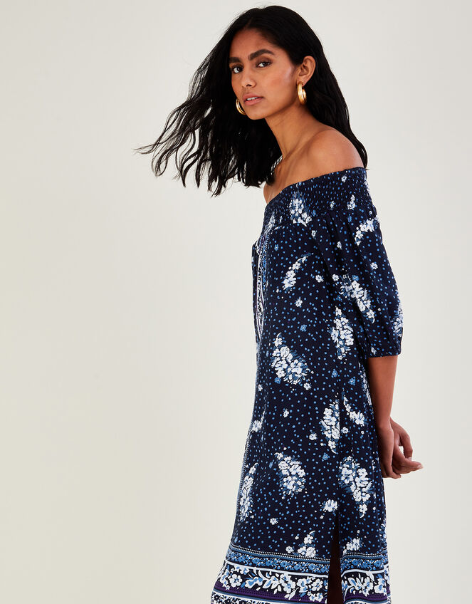 Printed Shirred Off-Shoulder Dress in LENZING™ ECOVERO™, Blue (NAVY), large