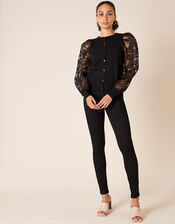 Floral Sleeve Cardigan with Recycled Fabric, Black (BLACK), large
