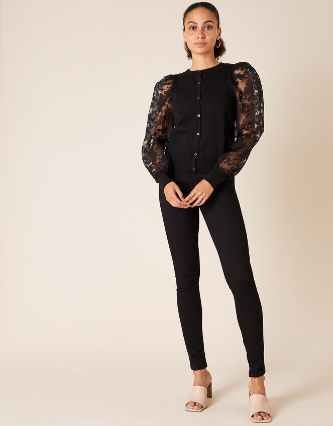 Floral Sleeve Cardigan with Recycled Fabric, Black (BLACK), large