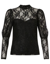 Layla Sequin Stretch Lace Top, Black (BLACK), large