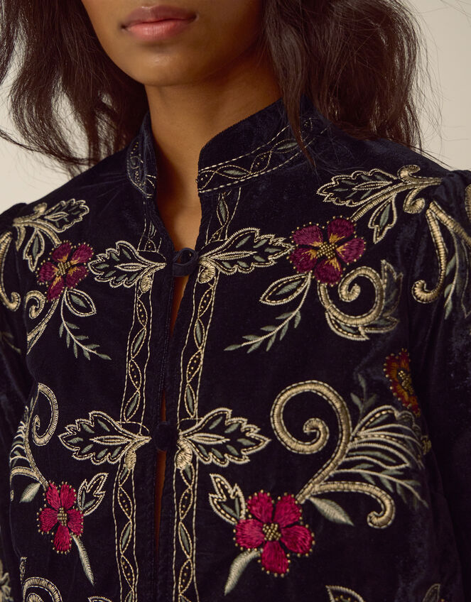 Frankie Floral Embroidered Velvet Jacket, Black (BLACK), large