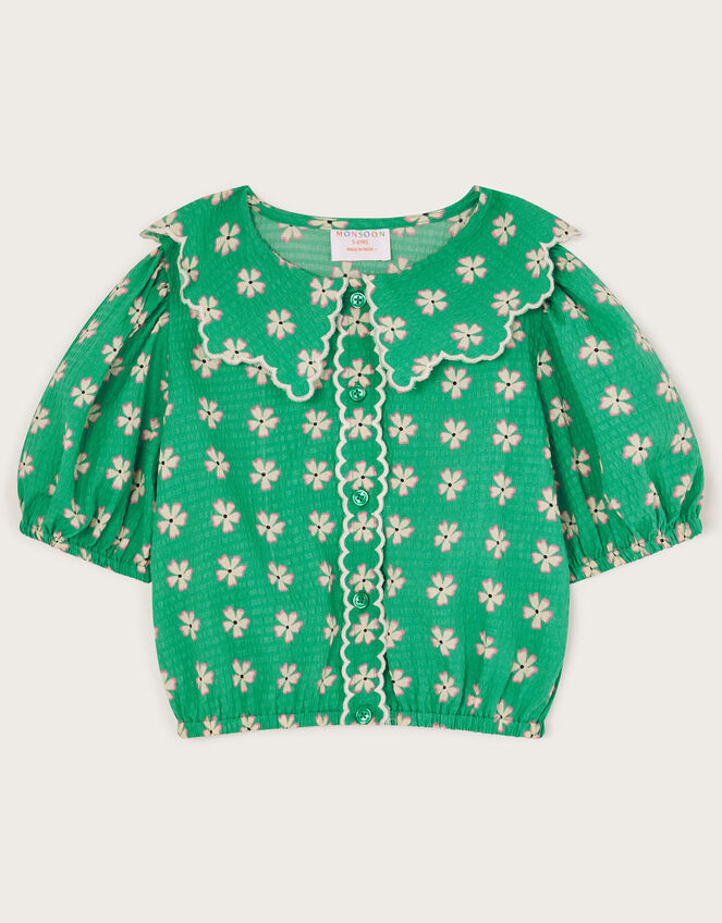 Floral Puff Sleeve Collared Blouse, Green (GREEN), large