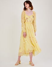 Heidi Embellished Midi Dress in Recycled Polyester, Yellow (YELLOW), large